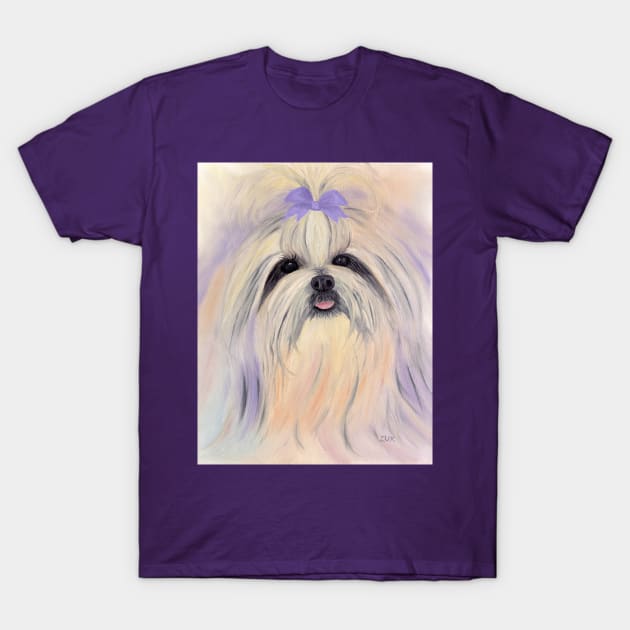 Colorful Abstract Shitzu with Lavender Bow T-Shirt by KarenZukArt